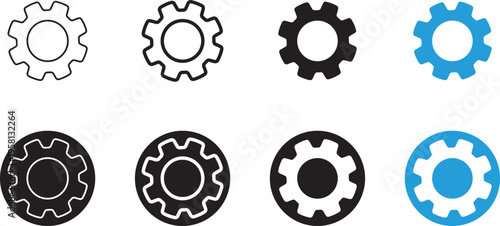 Cogwheel gear icon set collection of four symbols representing settings options mechanics and engineering projects detailed design simple and colored versions
