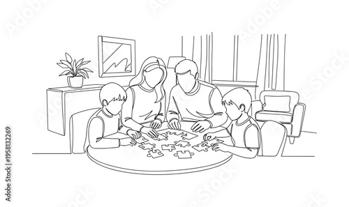 Family Puzzle Time. Minimalistic one-line drawing family members arranging puzzle pieces on a table in a cozy setting, continuous single black line on white