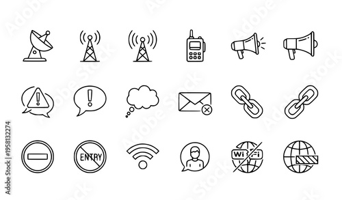 A set of line art icons representing various communication and technology concepts