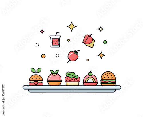 Divine tasting experience small tasting plate with several bite sized foods arranged in harmony while sparkle icons float above suggesting refined gourmet