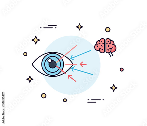 Vision process explanation light rays traveling into an eye icon while a tiny brain symbol nearby represents how visual signals are interpreted to create