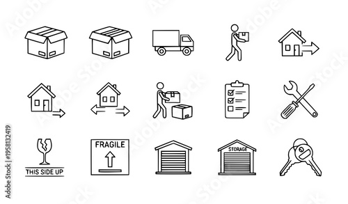 A set of minimalist line art icons depicting moving and delivery services