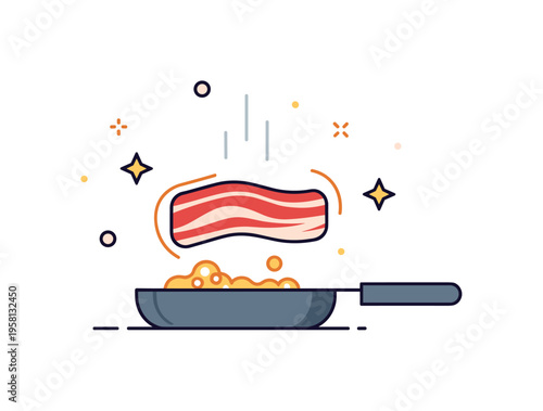 Cooking bacon with fat bubbling in a frying pan, subtle stars and dots highlighting warmth, sizzling action, and appetizing aroma. Minimalist flat vector