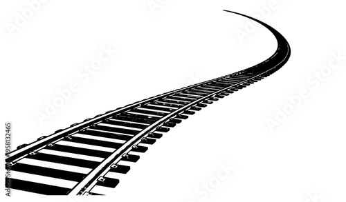 A minimalist black and white illustration of a railroad track curving into the distance