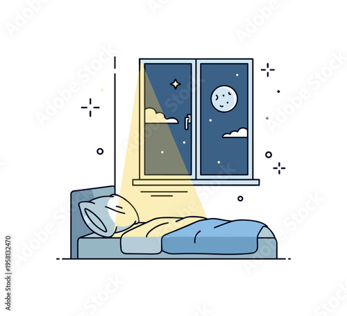 Moonbeam through bedroom window calm interior scene with a moon shining outside while a narrow beam of light gently highlights a pillow and blanket on the bed.