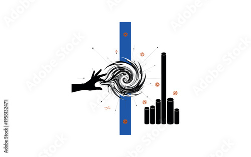 Black and white wizard hand casting spell with abstract circular energy form, bold blue vertical bar dividing composition, thin linear starburst