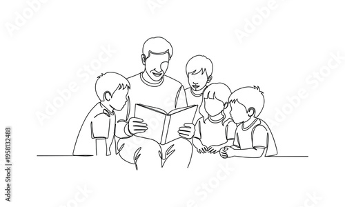 Reading To Orphans. Minimalistic one-line drawing adult reading a book to a group of children symbolizing nurturing and support, continuous single black line