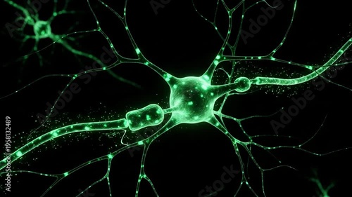 Abstract glowing green neuron cell pulsing with energy, symbolizing brain activity and neural network connections, digital animation