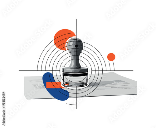 black and white close-up of official stamp pressing onto paperwork symbolizing documentation approval, white cut-out outline around stamp, concentric circles