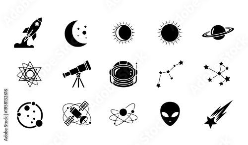 A set of black and white vector icons depicting space and astronomy symbols