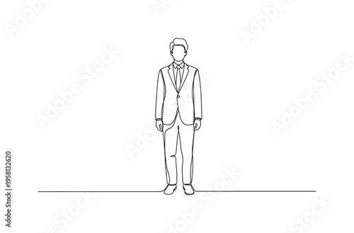 Passive Observer. Minimalistic one-line drawing person standing with neutral posture watching events unfold without action, continuous single black line on