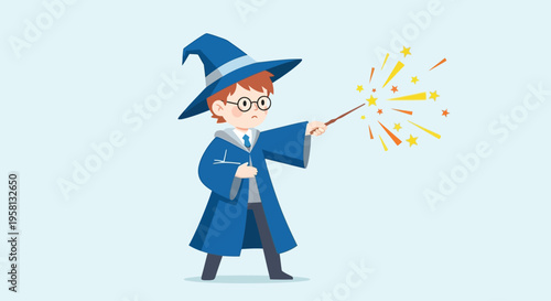 Young Wizard Casting Magic Spell with Wand.