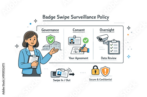 Badge swipe surveillance policy. Manager or HR professional explaining access control rules using simple diagrams and icons. Scene focuses on governance,