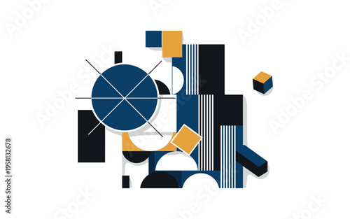 experimental geometric composition with layered black and white semicircles rectangles and vertical lines arranged in a modular structure, white contour