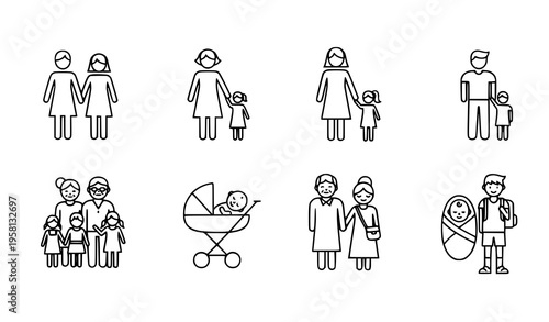 A minimalist vector graphic illustration of various family relationships and parenting scenes