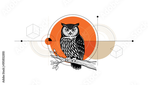 retro black and white owl perched on a tree branch inside a magical forest, owl cut out with white outline effect, large orange circle behind the owl