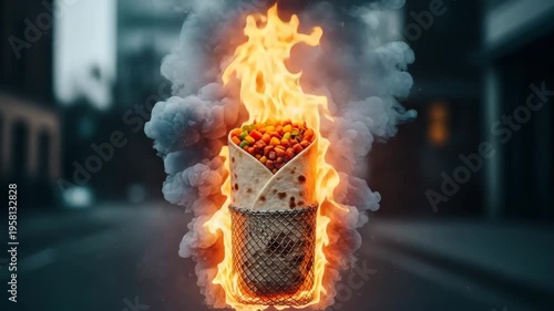 Burrito engulfed in flames and smoke, dynamic motion on urban street background, cinematic food concept footage
