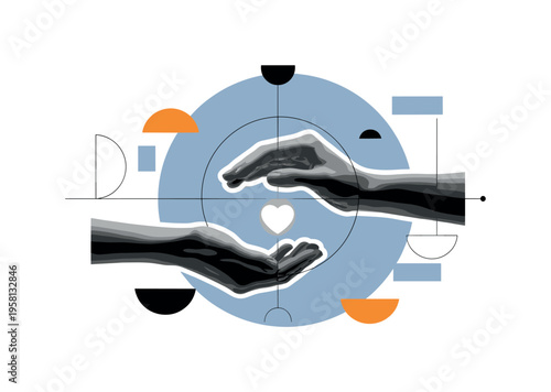 black and white human hands gently holding a small glowing heart symbolizing a healing moment, large soft blue circle behind the hands representing calm