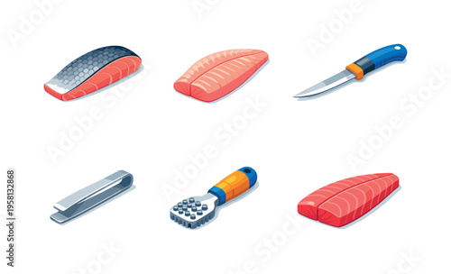 Seafood Prep. Isometric flat vector icons set of seafood prep: fish fillet with skin, fish fillet without skin, fillet knife, fish tweezers, fish scale
