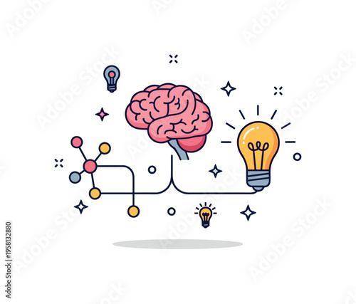 Neuroscience of creativity centered on a human brain icon connected with a glowing lightbulb and small neural nodes suggesting the spark of new ideas. The