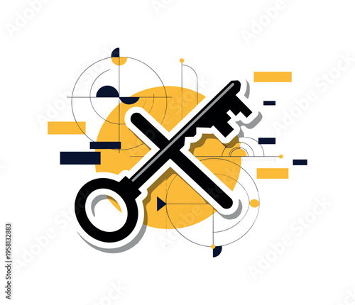 conceptual key symbol collage with a black and white oversized skeleton key crossing geometric shapes, white cut-out outline effect around the key, bold