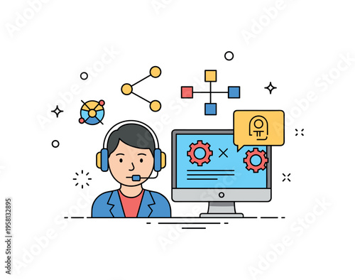 IT support communication scene operator with headset and computer screen while small network and settings icons emphasize solving software and connectivity
