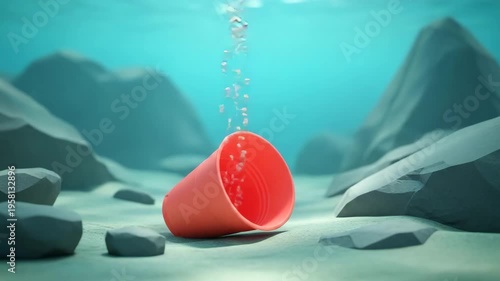 Orange plastic cup floating underwater near rocks releasing small air bubbles in slow motion footage