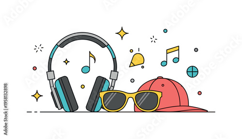 DJ inspired fashion style modern headphones placed next to stylish sunglasses and a cap while music notes and sparkle icons create an energetic nightlife