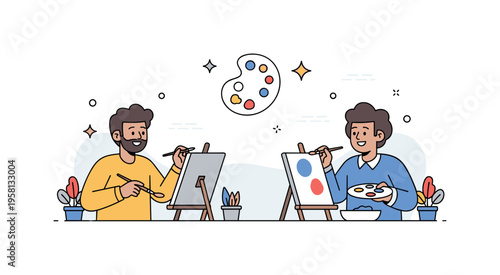 Shared hobby friendship two adults painting on small easels while smiling and chatting, with a palette icon and sparkles suggesting creativity and bonding