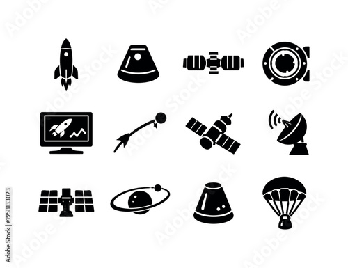 Space Mission. Solid icon set of Space Mission: launch rocket, space capsule, space station module, docking port, mission control screen, trajectory path,