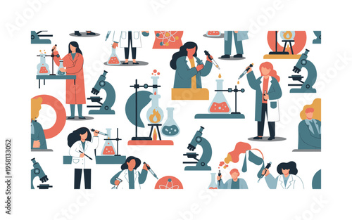 lab experiments seamless pattern, scientists performing experiments, using pipettes, flasks, beakers, Bunsen burners and microscopes arranged in a repeating