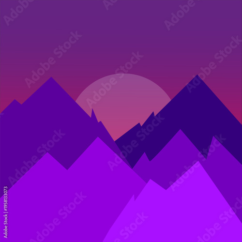 Magnificent mountainous scenery. Picturesque sunset Vector. Serene environment background. Mysterious atmospheric gradient.