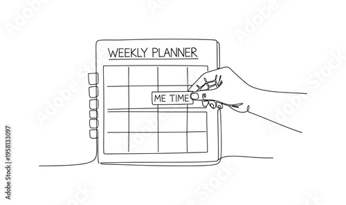Self-Care Scheduling. Minimalistic one-line drawing person placing a ?me time? block on a weekly planner to maintain balance, continuous single black line on