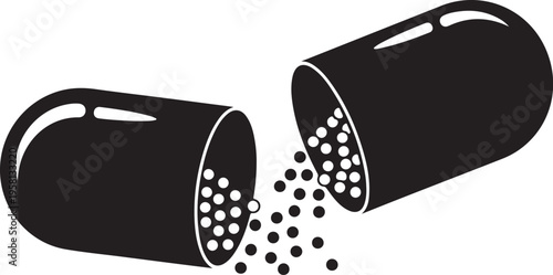 Black and white pills spilling out of capsules illustration