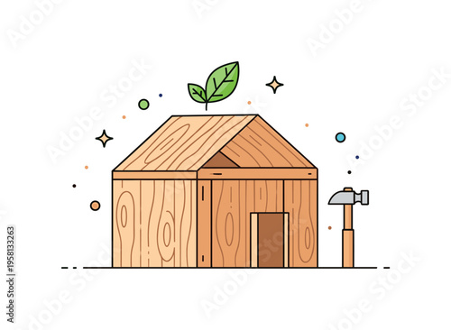 Sustainable wooden construction warm home structure built from simple wooden panels while a small green leaf icon and hammer emphasize natural and renewable