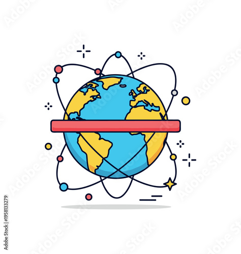Equator planetary reference line concept showing a globe with a bold horizontal band across its center while small orbit lines circle around it. The symbolic
