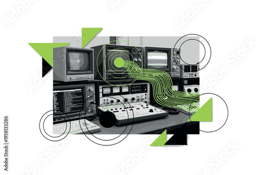 black-and-white emergency control center desk with radio equipment and monitors, abstract circles and diagonal lines representing incoming signals and data