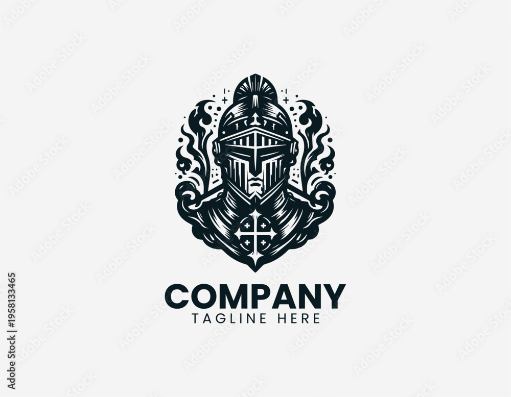 Obraz premium Medieval knight helmet with cross symbols and smoke elements black vector logo illustration isolated on white background