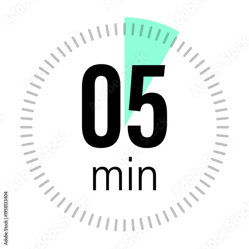 Five minutes timer. Clock face Vector. 05 min text. Teal sector detail. Manual vector only. No autotrace used.