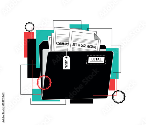 black and white file folder labeled with legal tags and documents inside representing asylum case records, cut-out collage style with white outline, abstract