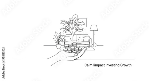 Impact Investing Growth. Minimalistic one-line drawing small tree growing from a pile of coins held by a hand, continuous single black line on white