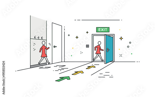 Emergency escape corridor hallway with directional floor arrows leading toward an illuminated exit sign and open doorway. The composition represents calm and