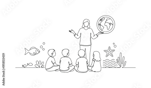Educational Outreach. Minimalistic one-line drawing person giving talk to children about marine life conservation, continuous single black line on white