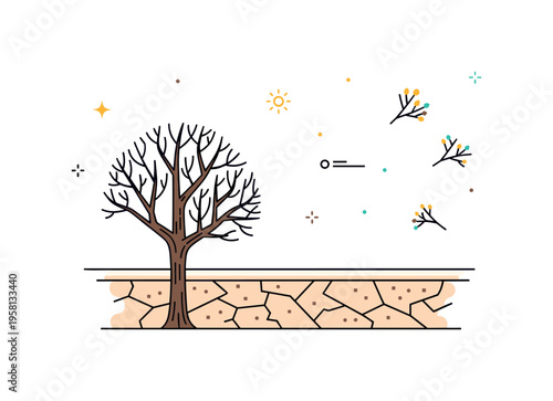 Barren tree desert landscape with a single leafless tree and cracked ground representing dryness, starkness, and resilience. Decorative spark icons and tiny
