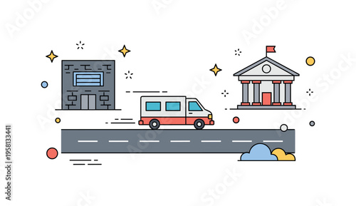 Prison transfer logistics illustrated with a transport van moving along a road between a prison icon and a courthouse symbol. The composition