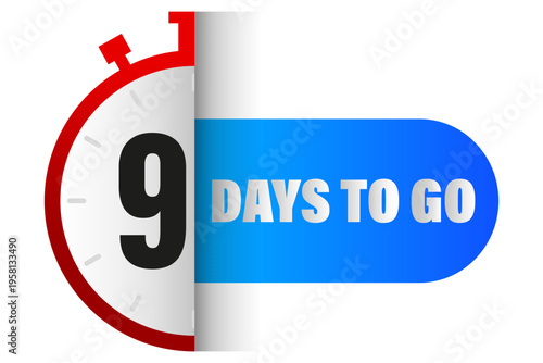 Nine days timer. Countdown clock Vector. 9 days text. Blue banner detail. Manual vector only. No autotrace used.