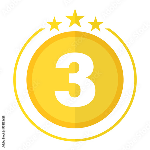 Number three award. Gold coin Vector. Three stars symbol. Third place medal. Manual vector only. No autotrace used.