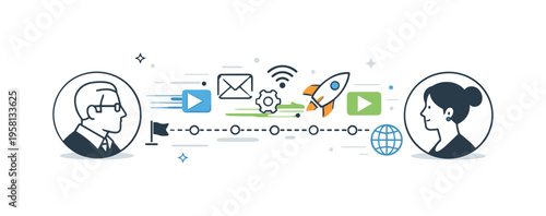 Generational tech gap. Two profile icons at different positions, separated by fast-moving digital symbols and timelines. The scene suggests differing