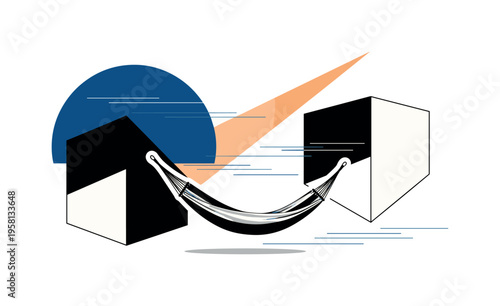 Black and white hammock suspended between abstract geometric blocks, large blue semicircle intersecting upper frame, orange diagonal stripe softened to suggest