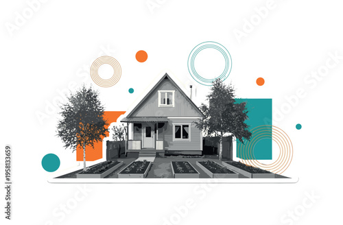 monochrome countryside dacha surrounded by simple trees and garden beds, white cut-out outline around the house, abstract circles and geometric